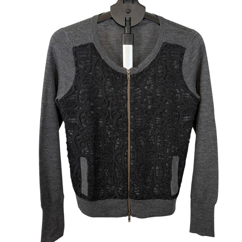 J.Crew Womens Merino Wool Crochet Lace Zip Front Cardigan Sweater‎ Grey Black L